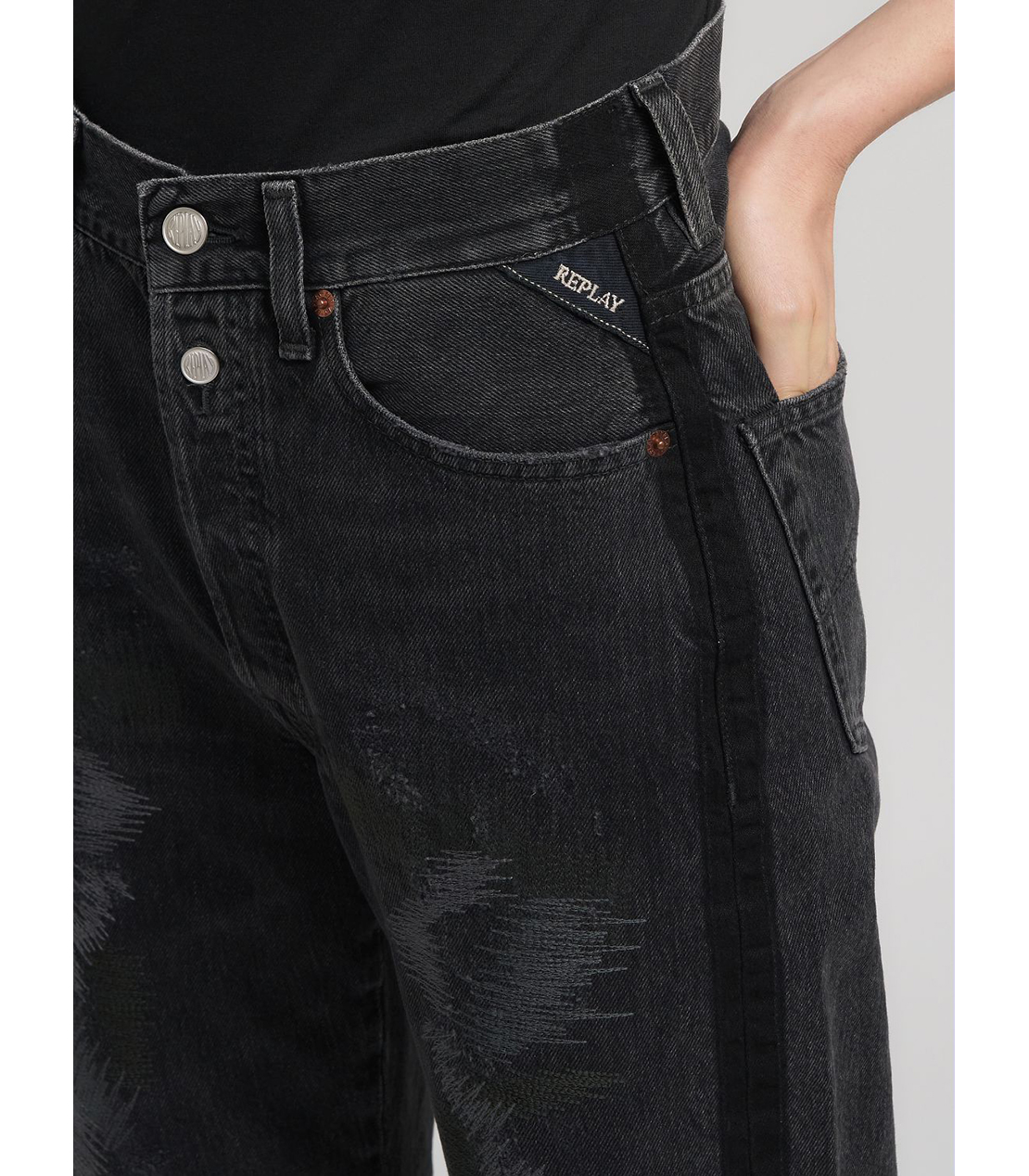 ９ZERO1ランダムステッチリサイクルコットンブラックデニム（セットアップ） 詳細画像 ブラック 5